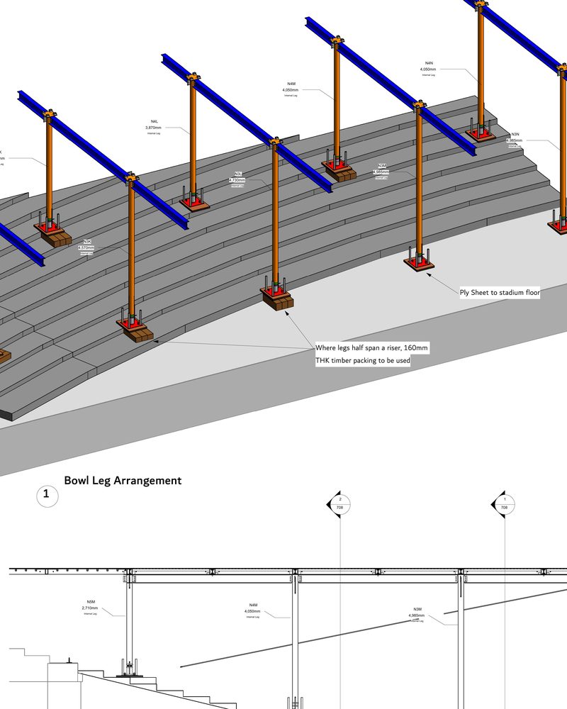 Part of one of Russ's technical drawings: an isometric view of steel legs and beams set on the London Stadium bowl, with a typical section below