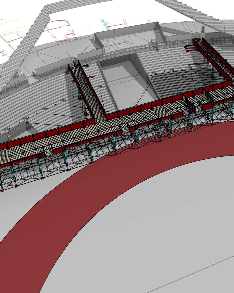 3D model of the London Stadium seating banks, showing the red and grey modular structure over the lower tier and track