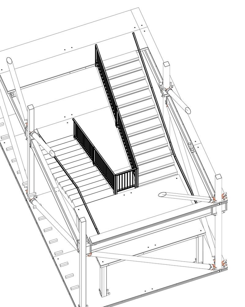 Isometric steel detailing drawing of the stair well in the Bentley pavilion, with stringers, landings and balustrades