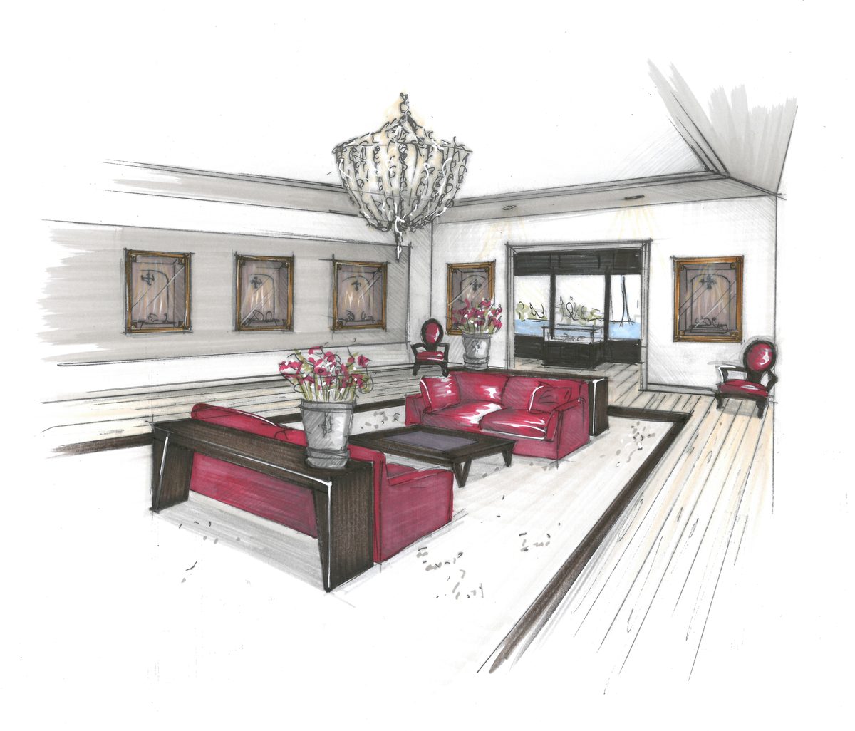Hand-drawn marker concept sketch of a salon with a chandelier, red sofas and framed display cases