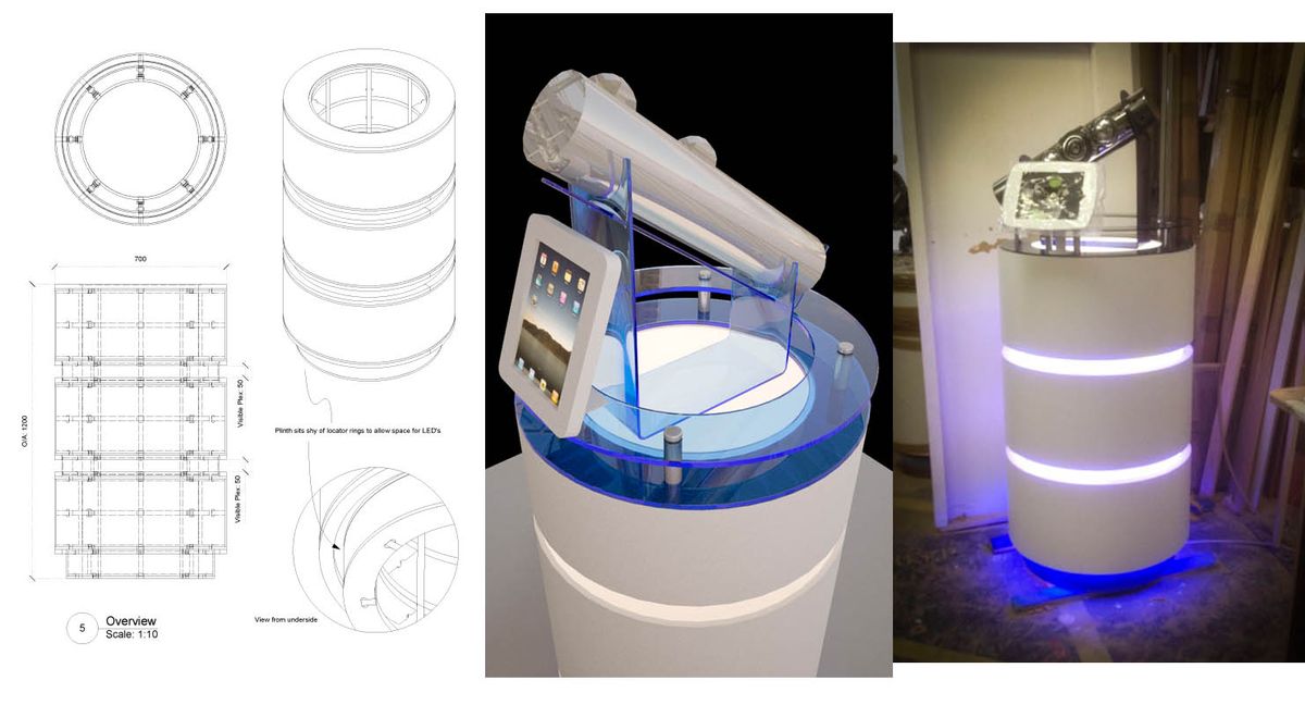 Fabrication drawings for an illuminated display plinth alongside a photo of the finished piece