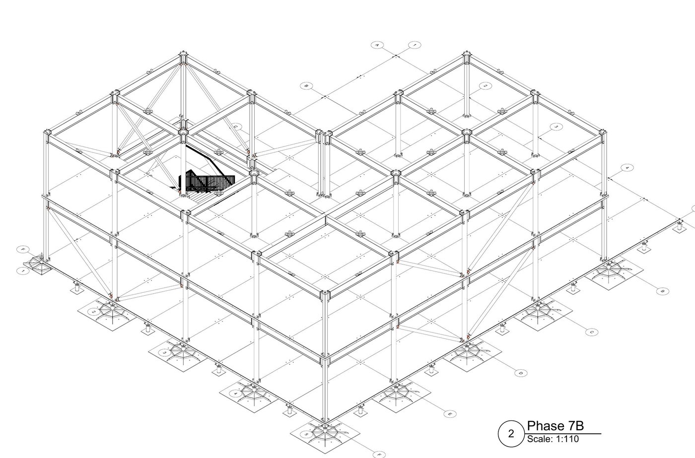 Isometric phasing drawing of the Bentley pavilion structure for Goodwood Festival of Speed 2025, showing frames, bracing and ground pads