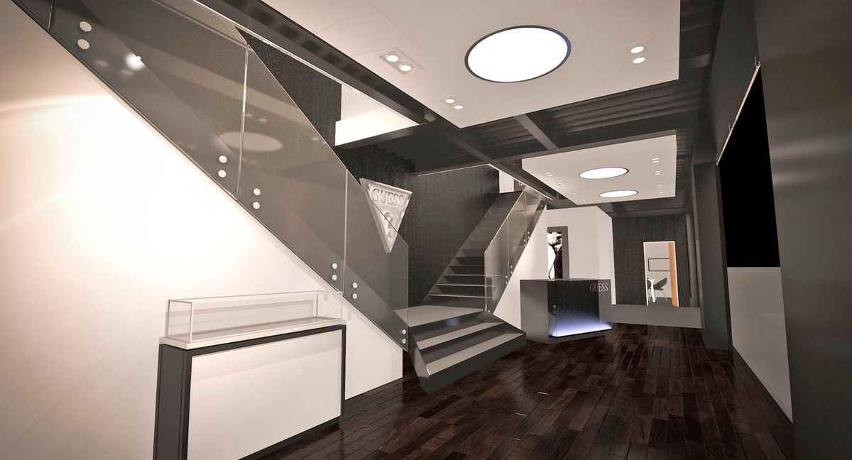 Photoreal render of a showroom staircase with glass balustrade and dark timber floor