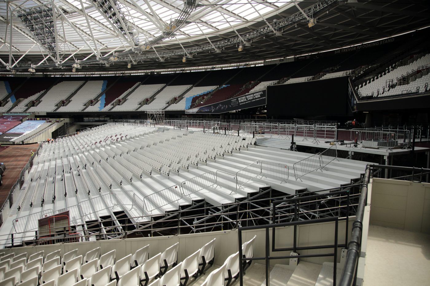 One of the north and south seating banks Russ designed for the London Stadium, showing the steel support structure beneath the seating tiers